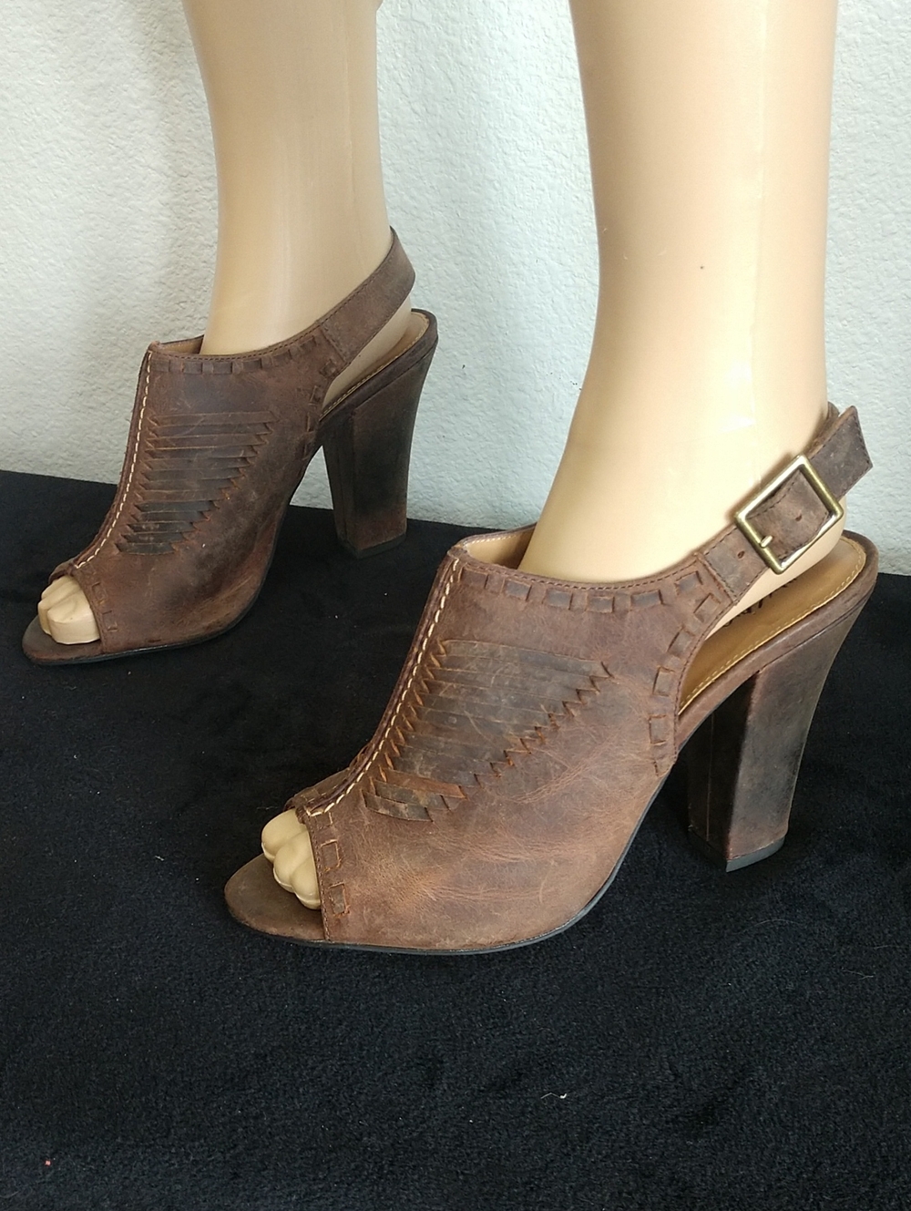 Brown Leather Peep-Toe Slingback Heels with Buckle